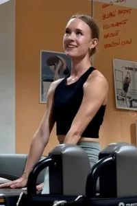 A imagem mostra uma mulher sorridente em um estúdio de Pilates. Ela está vestindo um top preto sem mangas e leggings em tom claro. Suas mãos estão apoiadas em um equipamento de treino da marca "Merrithew", possivelmente um reformer ou barril de Pilates. Atrás dela, há um espelho refletindo o ambiente, paredes com anotações escritas em vermelho e pôsteres com imagens de exercícios. O cenário sugere uma sessão de treino em um estúdio especializado.