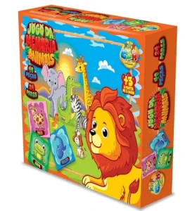 Jogo de tabuleiro infantil de memória. A caixa é laranja e contém um leão em destaque e outras peças com temas de animais ilustrados com cores vivas