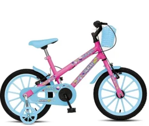 Bicicleta de equilibrio infantil para crinanças a partir de 1 ano com estrutura rosa e detalhes em azul claro, incluindo rodinhas de apoio e cestinha frontal. Estampa temática "Aurora Fest" da marca Colli.