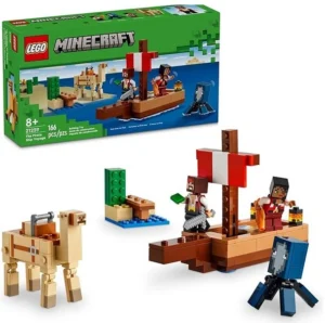 Conjunto LEGO Minecraft "A Viagem do Navio Pirata", com 166 peças. A imagem mostra um barco com vela vermelha e branca, duas minifiguras, um polvo, um lama e um pequeno cenário com água e areia. Ideal para crianças a partir de 8 anos.