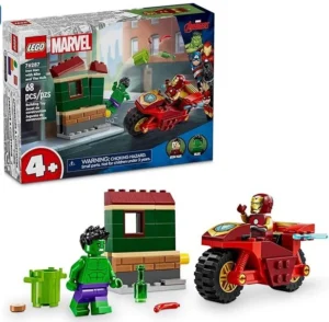 Conjunto LEGO Marvel "Homem de Ferro com Hulk", contendo 68 peças. Mostra Hulk e Homem de Ferro em ação, com uma motocicleta vermelha, uma construção verde simples e acessórios. Voltado para crianças a partir de 4 anos.