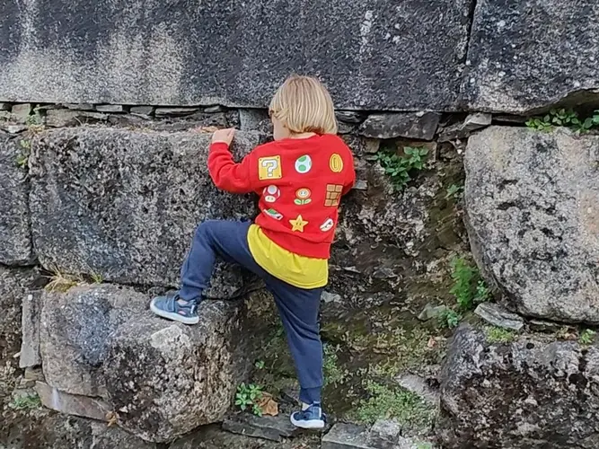 Criança de cabelos lisos loiros de aproximadamente 3 anos tentando subir no muro de pedra.