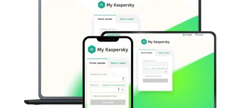 Tela de login do controlo parental Kaspersky Safe Kids em diferentes dispositivos, permitindo aos pais proteger o acesso aos desenhos animados e outros conteúdos online.