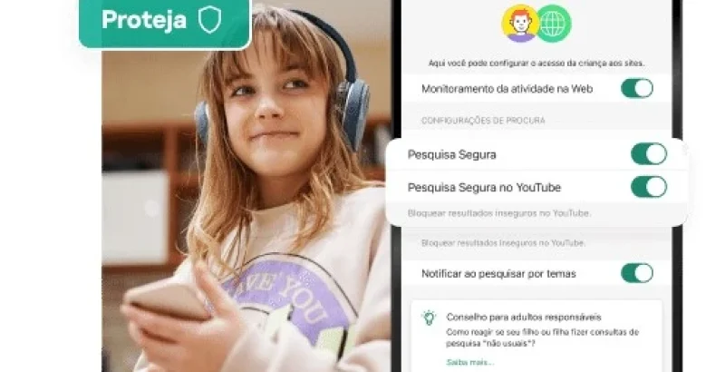 Interface do controlo parental Kaspersky Safe Kids no celular mostrando opções de pesquisa segura, enquanto uma criança nas telas assiste a desenhos animados com fones de ouvido, sob supervisão digital.